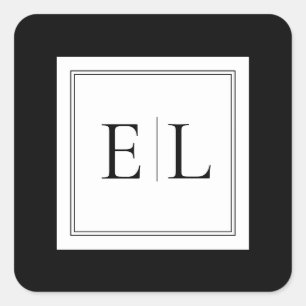 Minimalistische Schwarz-Weiß-Monogramm-Hochzeit Quadratischer Aufkleber