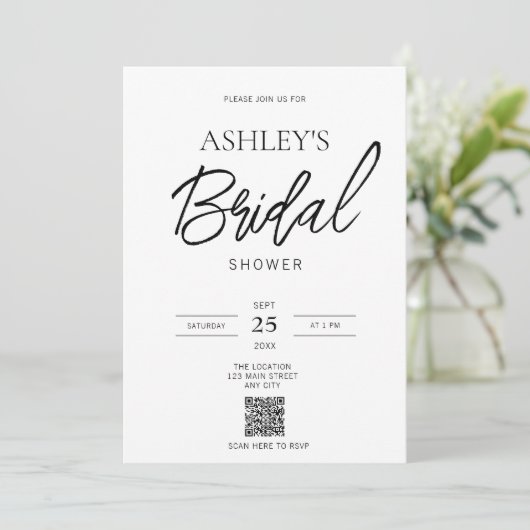 Minimalistische Schwarz-Weiß-QR-Codedusche - Einla Einladung (Stehend Vorderseite)
