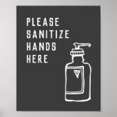 Minimalistische Schwarz-Weiß-Sanitize-Hände hier Poster (Vorne)