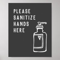 Minimalistische Schwarz-Weiß-Sanitize-Hände hier