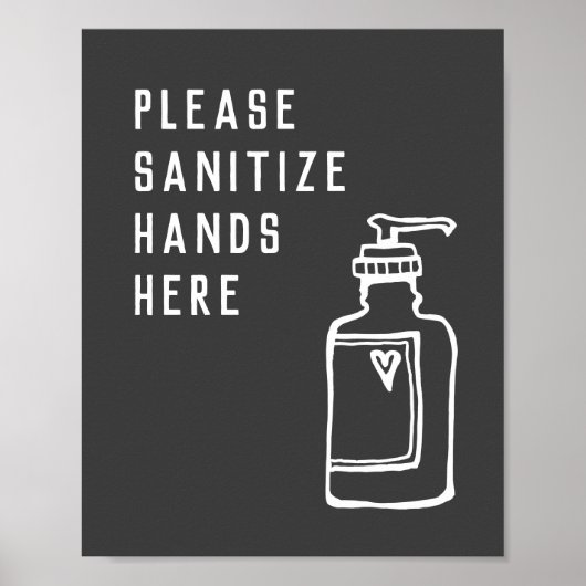 Minimalistische Schwarz-Weiß-Sanitize-Hände hier Poster (Vorne)