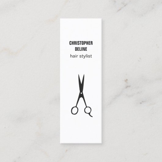 Minimalistische Schwarz-Weiß-Scheren-Haarstylle Mini Visitenkarte (Vorderseite)