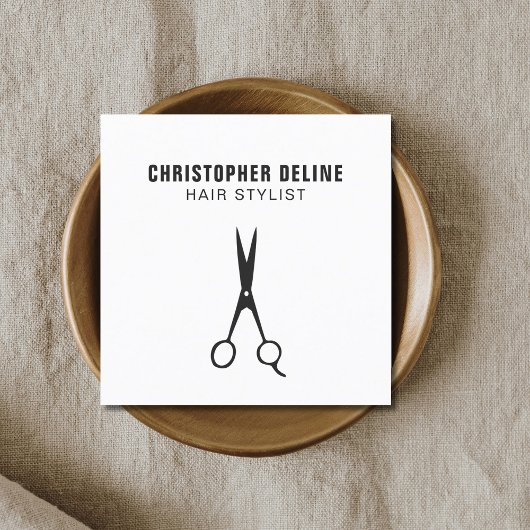 Minimalistische Schwarz-Weiß-Scheren-Haarstylle Quadratische Visitenkarte