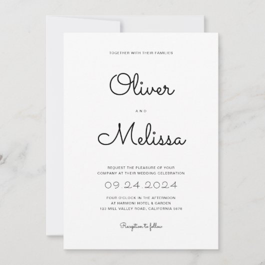 Minimalistische Schwarz-Weiß-Script-Hochzeit Einladung (Vorderseite)