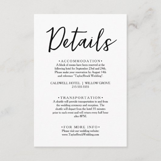 Minimalistische Schwarz-Weiß-Script-Hochzeitsdetai Begleitkarte (Vorderseite)