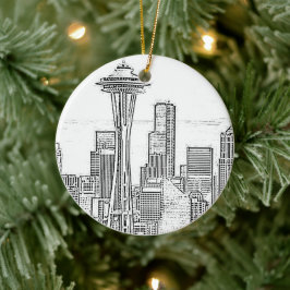 Minimalistische Schwarz-Weiß-Seattle-Skyline Keramik Ornament