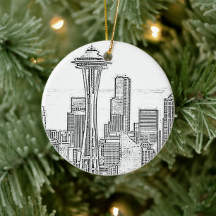 Minimalistische Schwarz-Weiß-Seattle-Skyline Keramik Ornament