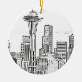 Minimalistische Schwarz-Weiß-Seattle-Skyline Keramik Ornament (Vorne)