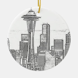 Minimalistische Schwarz-Weiß-Seattle-Skyline Keramik Ornament