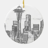 Minimalistische Schwarz-Weiß-Seattle-Skyline Keramik Ornament (Hinten)