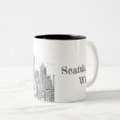 Minimalistische Schwarz-Weiß-Seattle-Skyline Zweifarbige Tasse (VorderseiteRechts)