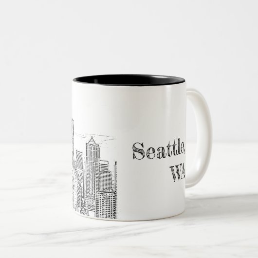 Minimalistische Schwarz-Weiß-Seattle-Skyline Zweifarbige Tasse (VorderseiteRechts)