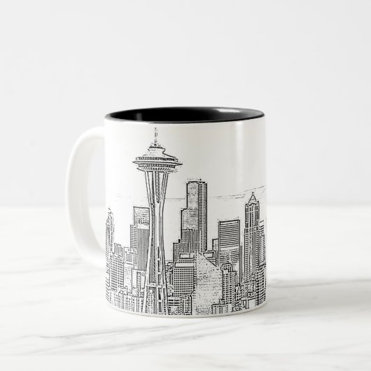 Minimalistische Schwarz-Weiß-Seattle-Skyline Zweifarbige Tasse (Vorderseite Links)