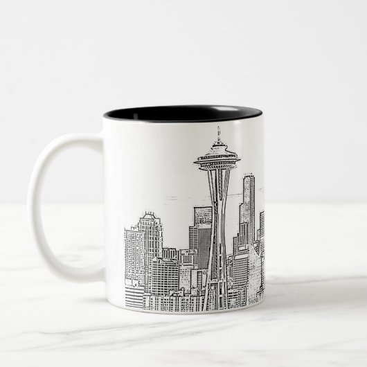 Minimalistische Schwarz-Weiß-Seattle-Skyline Zweifarbige Tasse (Links)