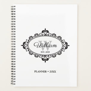 Minimalistische Schwarz-Weiß-Vintage Damask Monogr Planer