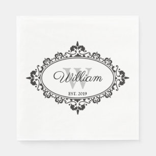 Minimalistische Schwarz-Weiß-Vintage Damask Monogr Serviette