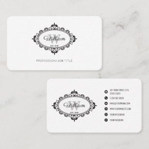 Minimalistische Schwarz-Weiß-Vintage Damask Monogr Visitenkarte