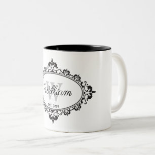 Minimalistische Schwarz-Weiß-Vintage Damask Monogr Zweifarbige Tasse