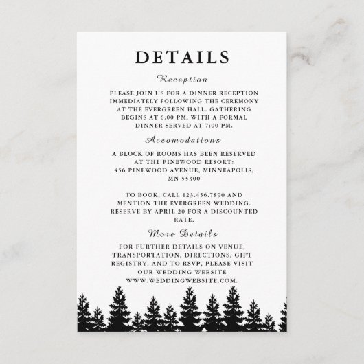 Minimalistische Schwarz-Weiß-Winter-Hochzeitdetail Begleitkarte (Vorderseite)