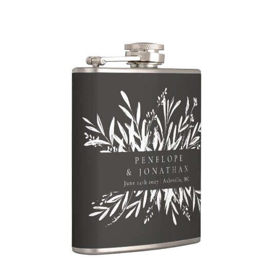 Minimalistische Schwarz-weiße botanische Hochzeit Flachmann (Rechts)