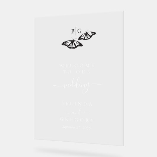 Minimalistische Schwarz-weiße Butterfly-Monogrammh Acrylschild (Winkel)