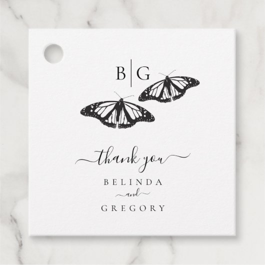 Minimalistische Schwarz-weiße Butterfly-Monogrammh Geschenkanhänger (Vorderseite)