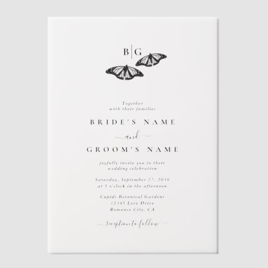 Minimalistische Schwarz-weiße Butterfly-Monogrammh Pergament Einladungen (Vorderseite)