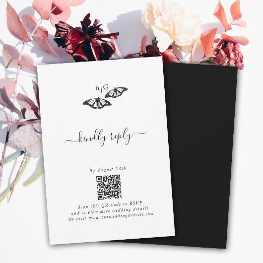 Minimalistische Schwarz-weiße Butterfly-Monogrammh RSVP Karte