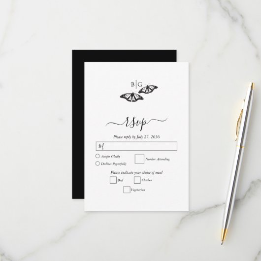 Minimalistische Schwarz-weiße Butterfly-Monogrammh RSVP Karte (Vorderseite/Rückseite Beispiel)