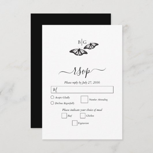 Minimalistische Schwarz-weiße Butterfly-Monogrammh RSVP Karte (Vorne/Hinten)