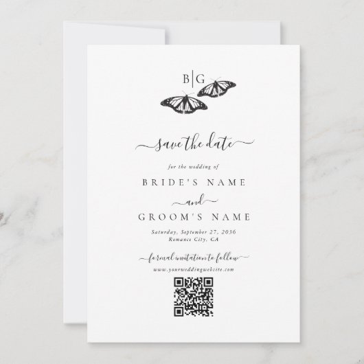 Minimalistische Schwarz-weiße Butterfly-Monogrammh Save The Date (Vorderseite)