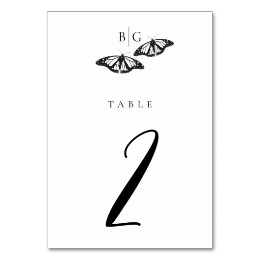 Minimalistische Schwarz-weiße Butterfly-Monogrammh Tischnummer (Rückseite)