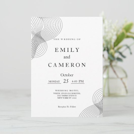 Minimalistische Schwarz-weiße geometrische Hochzei Einladung (Stehend Vorderseite)