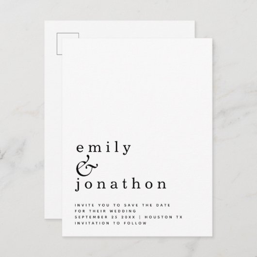 Minimalistische Schwarz-weiße Hochzeit Das Datum s Ankündigungspostkarte (Vorne/Hinten)