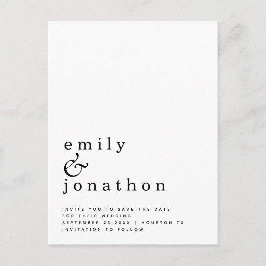 Minimalistische Schwarz-weiße Hochzeit Das Datum s Ankündigungspostkarte (Vorderseite)