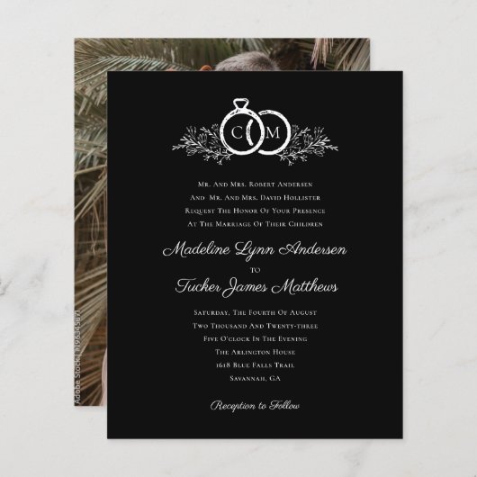 Minimalistische Schwarz-weiße Hochzeitseinladung (Vorne/Hinten)