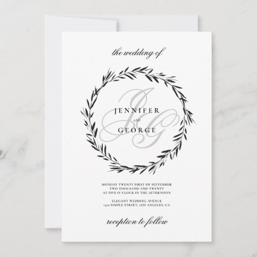 Minimalistische Schwarz-weiße Monogramm-Initialen Einladung (Vorderseite)