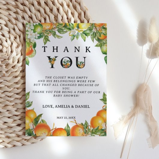 Minimalistische Schwarz-weiße Orangenzitrus Dankeskarte