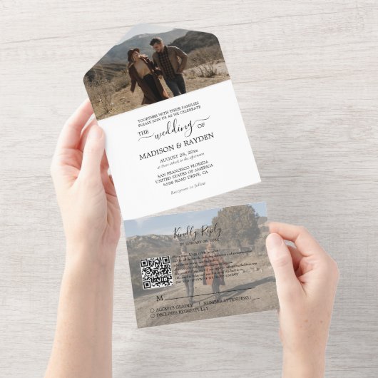 Minimalistische Schwarz-weiße QR Code UAWG Wedding All In One Einladung (Abreißen)