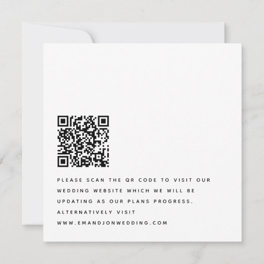 Minimalistische Schwarz-weiße QR-Hochzeit speicher Save The Date (Rückseite)