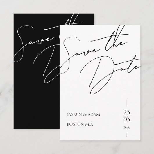 Minimalistische Schwarz-weiße Script-Typografie-Ho Save The Date (Vorne/Hinten)