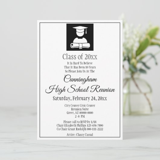 Minimalistische Schwarz-weiße Wiedersehen Einladung (Stehend Vorderseite)