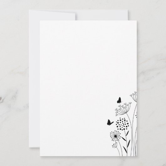 Minimalistische Schwarz-weiße Wildblume Einladung (Rückseite)