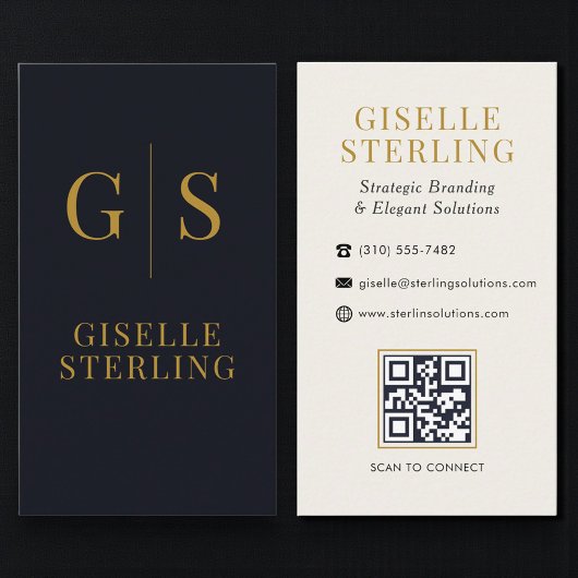 Minimalistische schwarze Gold-Monogramm-QR-Code Visitenkarte
