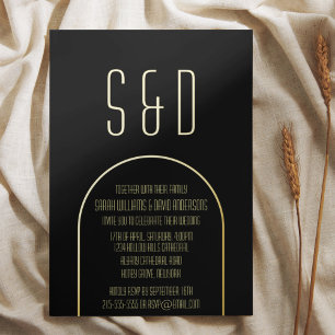 Minimalistische schwarze Hochzeit mit goldenem Tor Folieneinladung