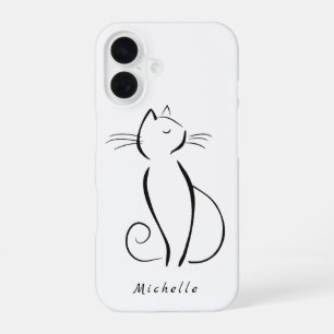 Minimalistische schwarze Katze auf weißem Namen iPhone 16 Hülle