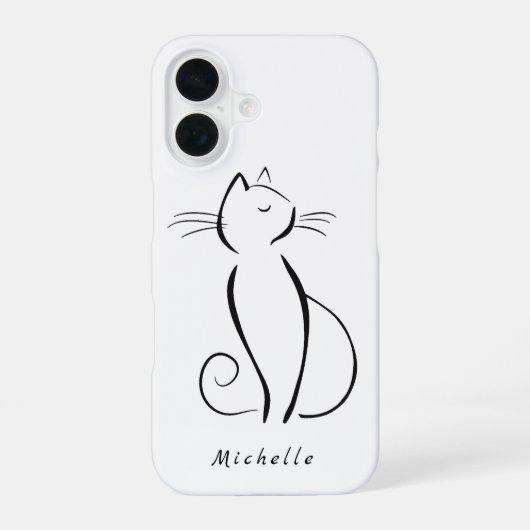 Minimalistische schwarze Katze auf weißem Namen iPhone 16 Hülle (Rückseite)