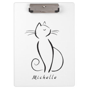 Minimalistische schwarze Katze auf weißem Namen Klemmbrett