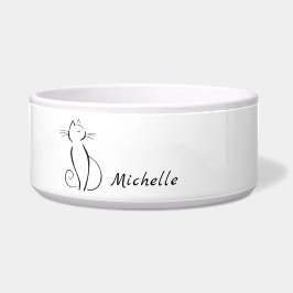 Minimalistische schwarze Katze auf weißem Namen Napf