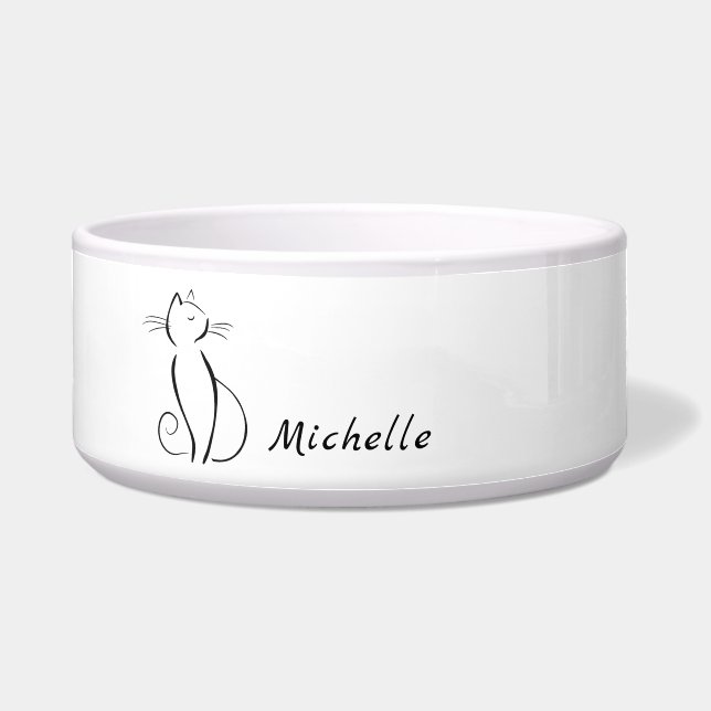 Minimalistische schwarze Katze auf weißem Namen Napf (Vorderseite)